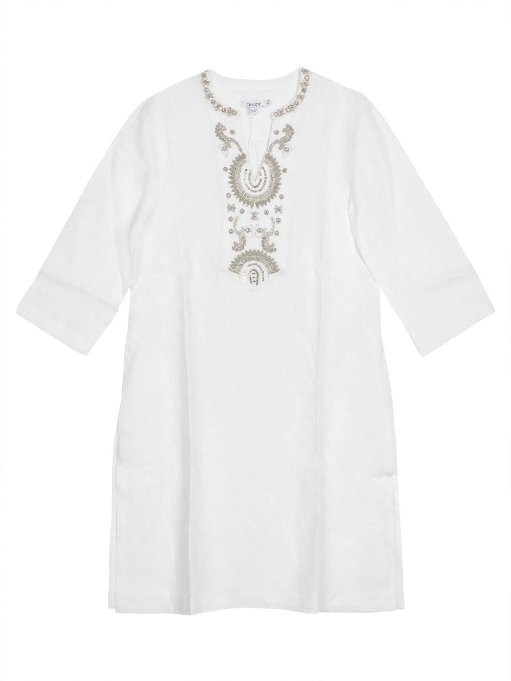 Chicos Linen Embellished White Tunic Dress New Size 0